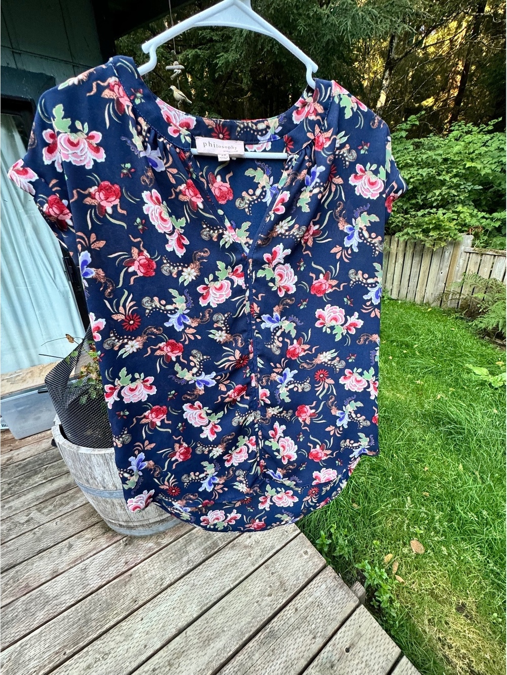 Philosophy Navy Blue Floral Short Sleeve Blouse XS